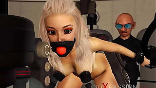 BDSM club. Hot sexy ball gagged blonde in restraints gets fucked apart from crazy midget in the lab